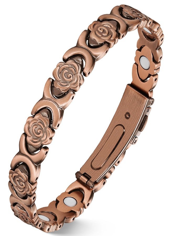 سوار جيكانوري النحاسي المغناطيسي للنساء، مزود بمغناطيس بقوة 3500 غاوس، سوار نحاسي مزين بالزهور، مشبك قابل للطي عالي الجودة، نحاس - Image 1